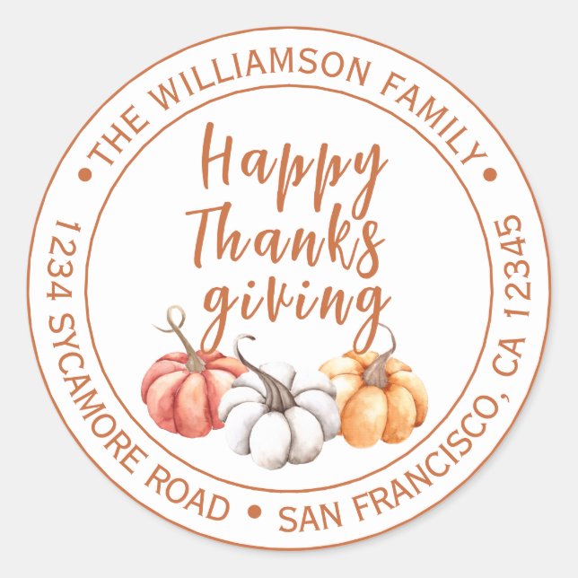 Adesivo Redondo Nome da Família Feliz de Ação de Graças Endereço d (Frente)
