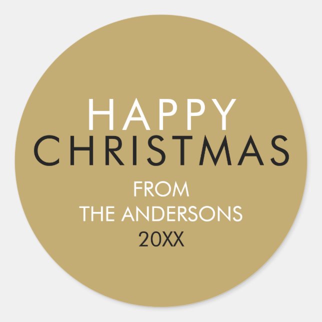 Adesivo Redondo Nome da Família Feliz Natal em Ouro Elegante (Frente)