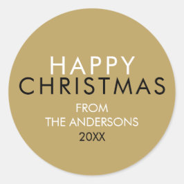 Adesivo Redondo Nome da Família Feliz Natal em Ouro Elegante