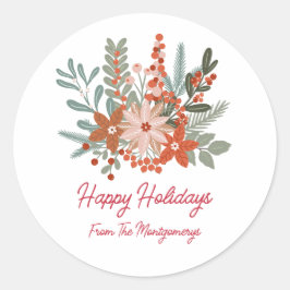 Adesivo Redondo Nome da Família Feriado de Natal Floral