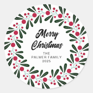 Adesivo Redondo Nome da Família Floral Christmas Wreath