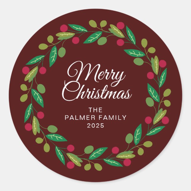 Adesivo Redondo Nome da Família Floral Christmas Wreath (Frente)