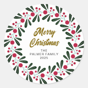 Adesivo Redondo Nome da Família Floral Christmas Wreath