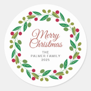 Adesivo Redondo Nome da Família Floral Christmas Wreath