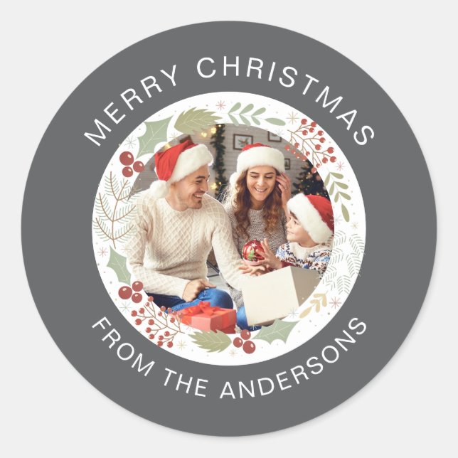 Adesivo Redondo Nome da Família Floral Christmas Wreath Photo (Frente)