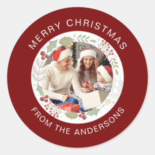 Adesivo Redondo Nome da Família Floral Christmas Wreath Photo