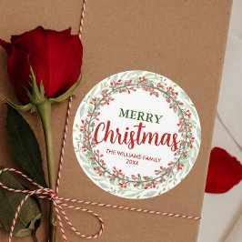 Adesivo Redondo Nome da família Merry Christmas Flower Wreath