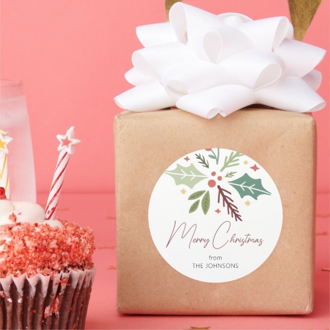 Adesivo Redondo Nome da família Merry Christmas Foliage Script (Festa)