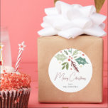 Adesivo Redondo Nome da família Merry Christmas Foliage Script<br><div class="desc">amily Name Merry Christmas Berry Foliage Script Classker Round Sticker</div>