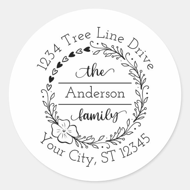 Adesivo Redondo Nome da família Monograma Endereço de devolução En (Frente)