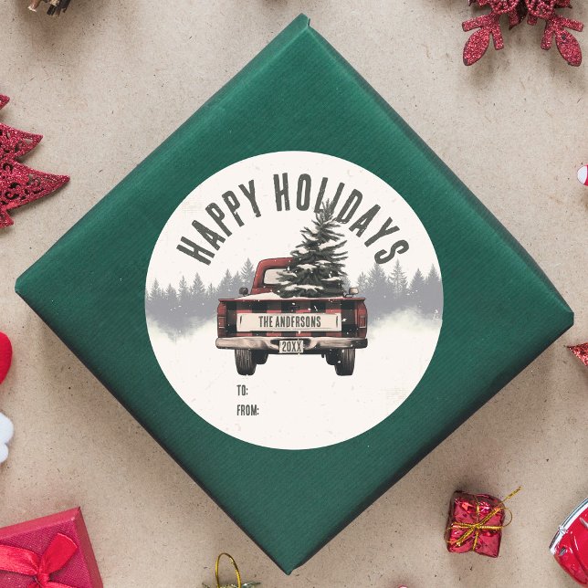 Adesivo Redondo Nome da Família Personalizada de Caminhão de Natal (Criador carregado)