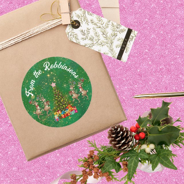 Adesivo Redondo Nome da família Reindeer de Marcha Branca Verde (Criador carregado)