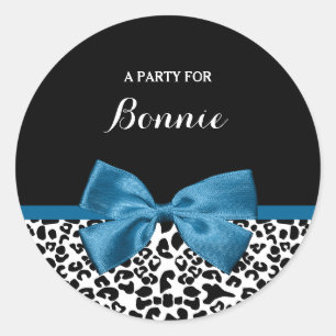 Adesivo Redondo Nome da Festa Menina Leopard Imprimir Arco Azul Bo
