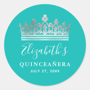 Adesivo Redondo Nome da Quinceanera da Coroa Azul-Teal Elegante