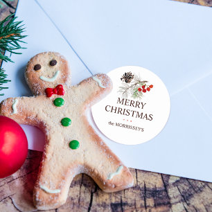 Adesivo Redondo Nome das Berries de pinheiro de aquarela natalina