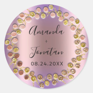 Adesivo Redondo Nome Data Coroa de Ouro Rosa Casamento Roxo