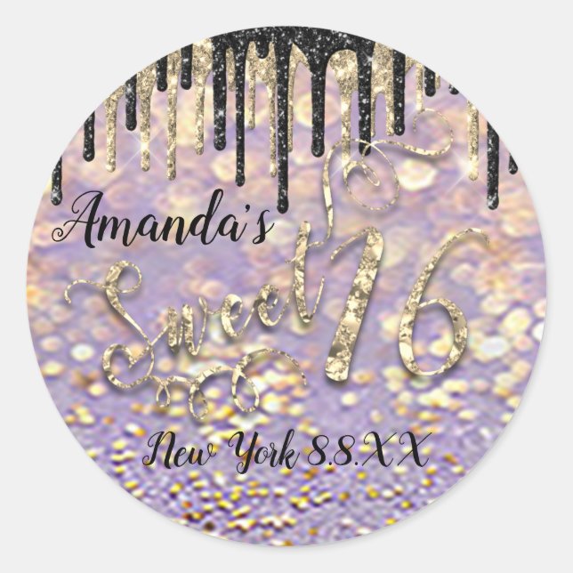Adesivo Redondo Nome de 16° partido Dourado Confetti Drips Purple (Frente)