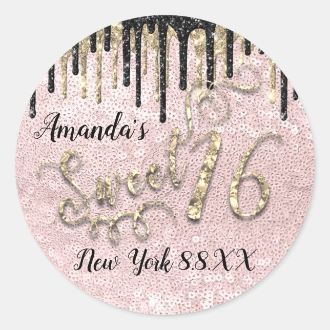Adesivo Redondo Nome de 16° partido Dourado Confetti Drips Rosa (Frente)