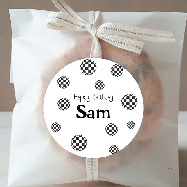 Adesivo Redondo Nome de Aniversário Feliz, Verificado em Preto e B (Criador carregado)