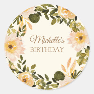 Adesivo Redondo Nome de Aniversário Floral Creme Amarelo