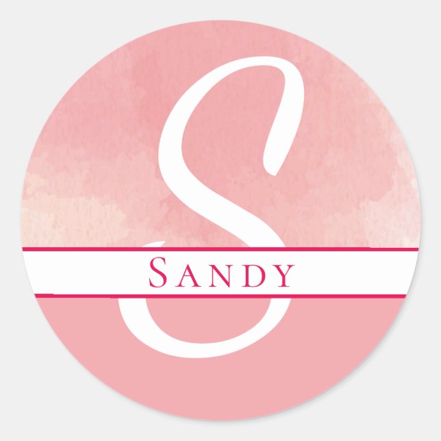 Adesivo Redondo Nome de Aquarela Monograma Rosa (Frente)