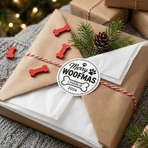 Adesivo Redondo Nome de Cachorro Personalizado Feliz Woofmas Natal
