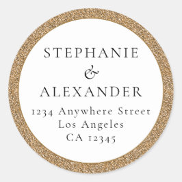 Adesivo Redondo Nome de Casamento Glitter Dourado Endereço de Reto