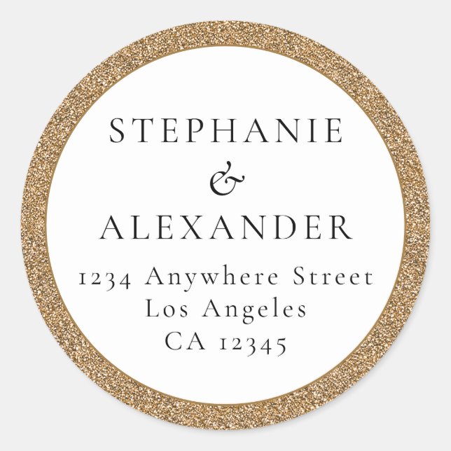 Adesivo Redondo Nome de Casamento Glitter Dourado Endereço de Reto (Frente)