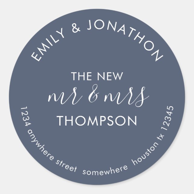 Adesivo Redondo Nome de devolução do Newlyweds Endereço Marinho Az (Frente)
