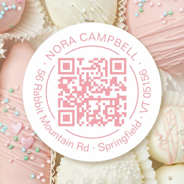 Adesivo Redondo Nome de Empresa Moderno Código QR Quadro Rosa Pêss (Modern, elegant business name, QR code round sticker with circle frame in peach pink.)