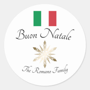 Adesivo Redondo Nome de Família Italiano Bandeira Buon Natale e Fl