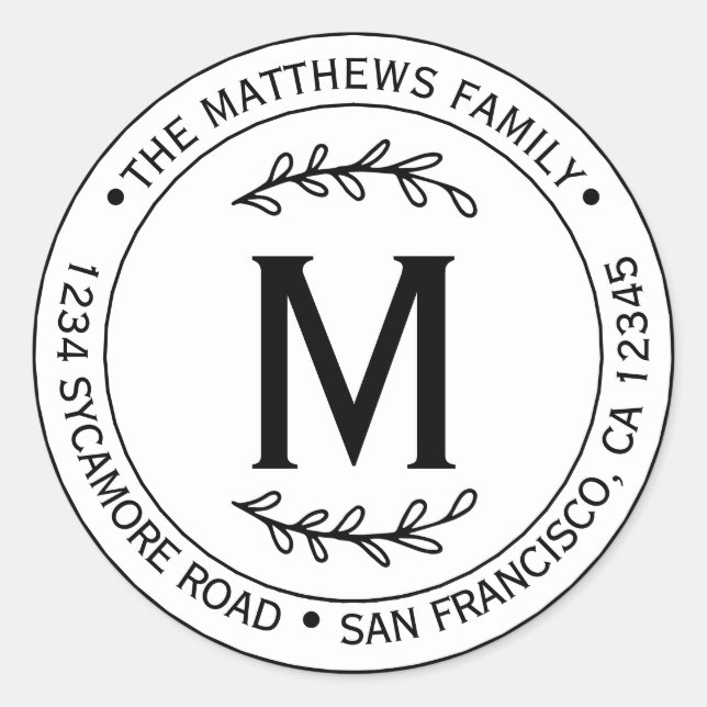 Adesivo Redondo Nome de Família Simples Moderno Monograma (Frente)