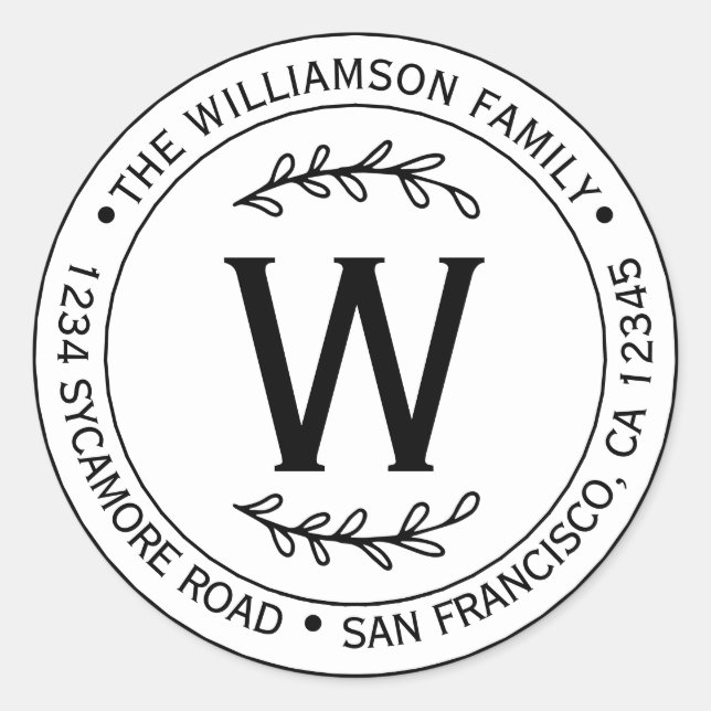 Adesivo Redondo Nome de Família Simples Moderno Monograma Endereço (Frente)