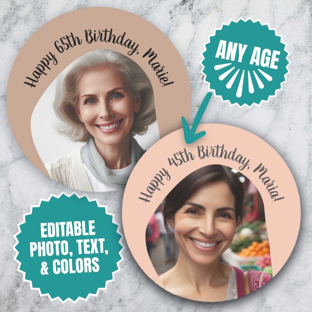 Adesivo Redondo Nome de Foto de Aniversário Personalizado Qualquer (Personalized Birthday Photo Name Any Age Custom Classic Round Sticker)