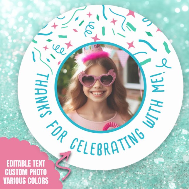 Adesivo Redondo Nome de Foto Personalizado Confetti Aniversário Ob (Custom Photo Name Confetti Birthday Thank You Classic Round Sticker.)