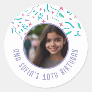 Adesivo Redondo Nome de Foto Personalizado Qualquer Idade Confetti