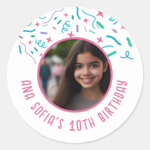 Adesivo Redondo Nome de Foto Personalizado Qualquer Idade Confetti