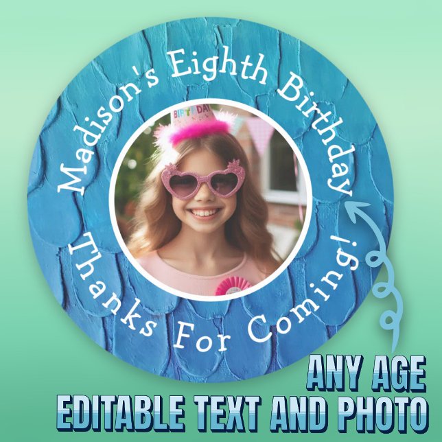 Adesivo Redondo Nome de Foto Personalizado Tema Sereia Aniversário (Custom Photo Name Mermaid Theme Birthday Thank You Classic Round Sticker.)