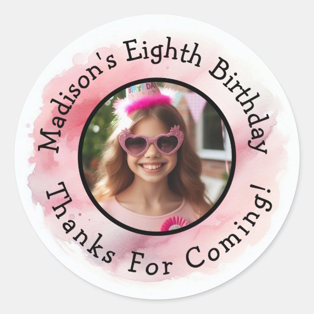 Adesivo Redondo Nome de Foto Personalizado Watercolor Aniversário  (Frente)