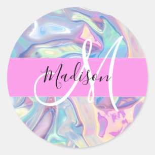 Adesivo Redondo Nome de Monograma Holográfico Iridescente Rosa Fem