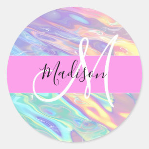 Adesivo Redondo Nome de Monograma Holográfico Iridescente Rosa Fem