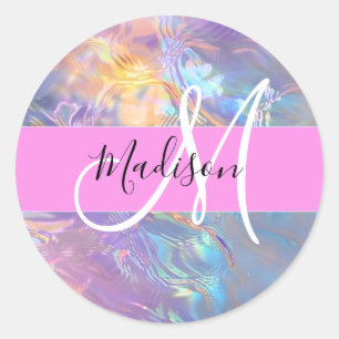 Adesivo Redondo Nome de Monograma Holográfico Iridescente Rosa Fem