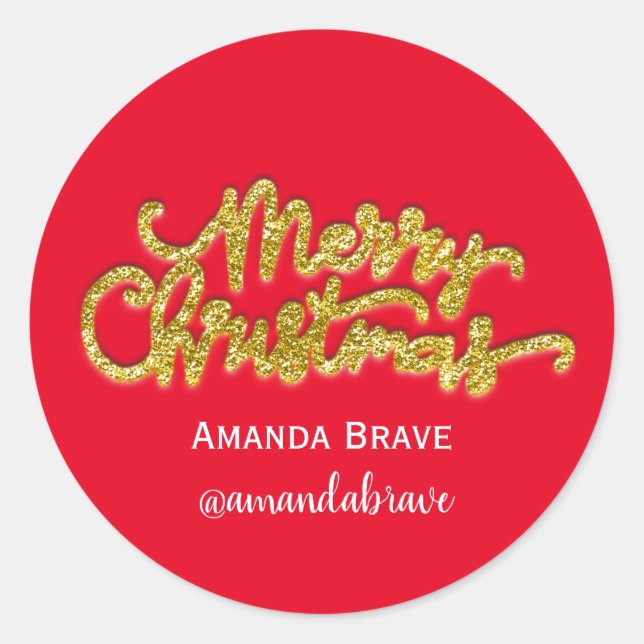 Adesivo Redondo Nome de Script Feliz Natal Dourado Glitter Red (Frente)
