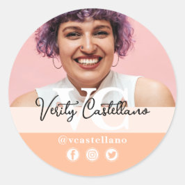 Adesivo Redondo Nome de Script Moderno do Peach bonito e Foto Pers