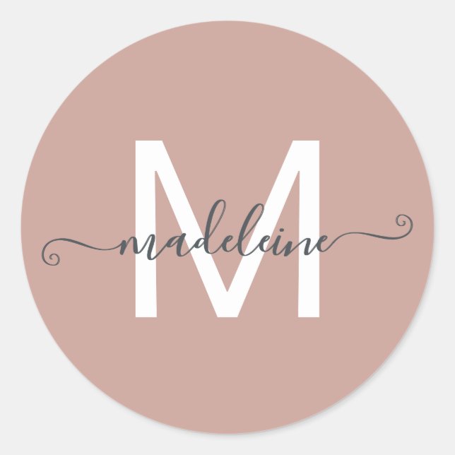 Adesivo Redondo Nome de Script Personalizado Monograma Dusty Rosa (Frente)