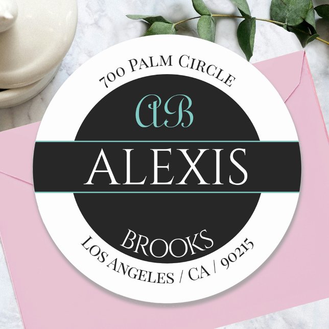 Adesivo Redondo Nome DIY Endereço Monograma, Preto Branco e Teto (Criador carregado)