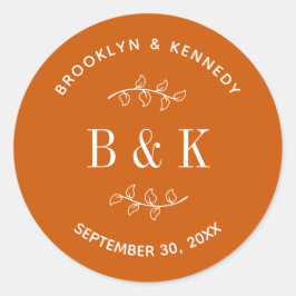 Adesivo Redondo Nome do Casal de Casamento Botânico Floral Laranja
