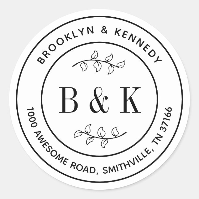 Adesivo Redondo Nome do Casal de Casamento Floral do Monograma End (Frente)