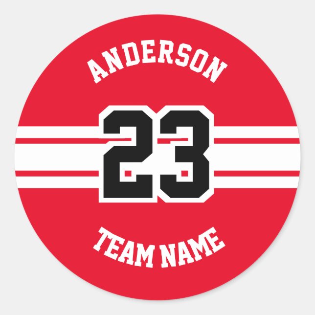 Adesivo Redondo Nome do Esporte, Equipe e Número de Designs Vermel (Frente)