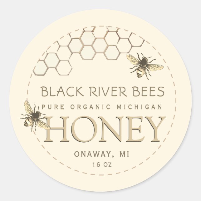 Adesivo Redondo Nome do Estado Mel Rótulo de Abelhas e Honeycomb I (Frente)